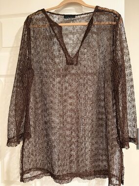 La Blanca by Rod Beattie Brown Sequin Mesh Beach Cover Up Tunic L Boho Resort